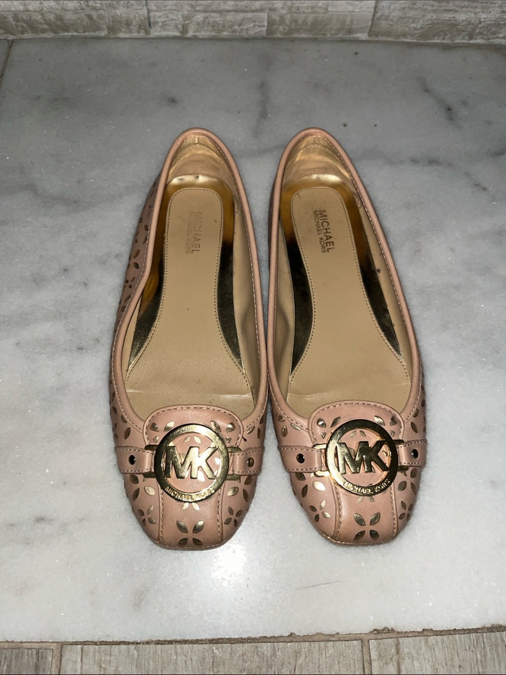 Michael Kors Blush Pink Perforated Leather Logo Ballet Flats